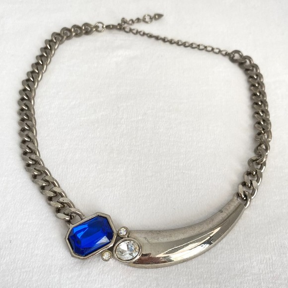 Park Lane Silver Tone Chain Necklace With Blue & Clear Stone Pendant - Picture 2 of 8